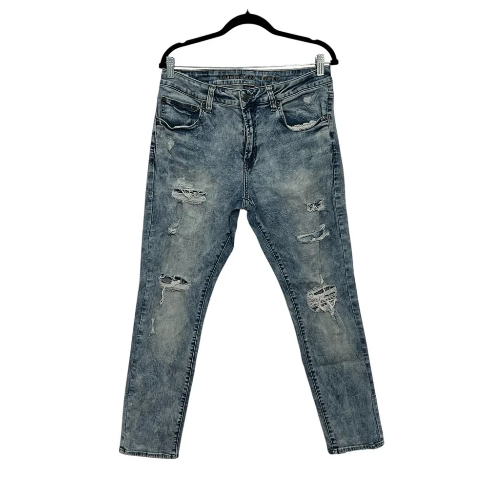 American Eagle Mens 34x30 Next Level AirFlex Skinny Jeans‎ Distressed Acid Blue